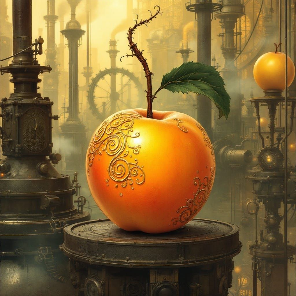Golden Peach in Steampunk Cityscape