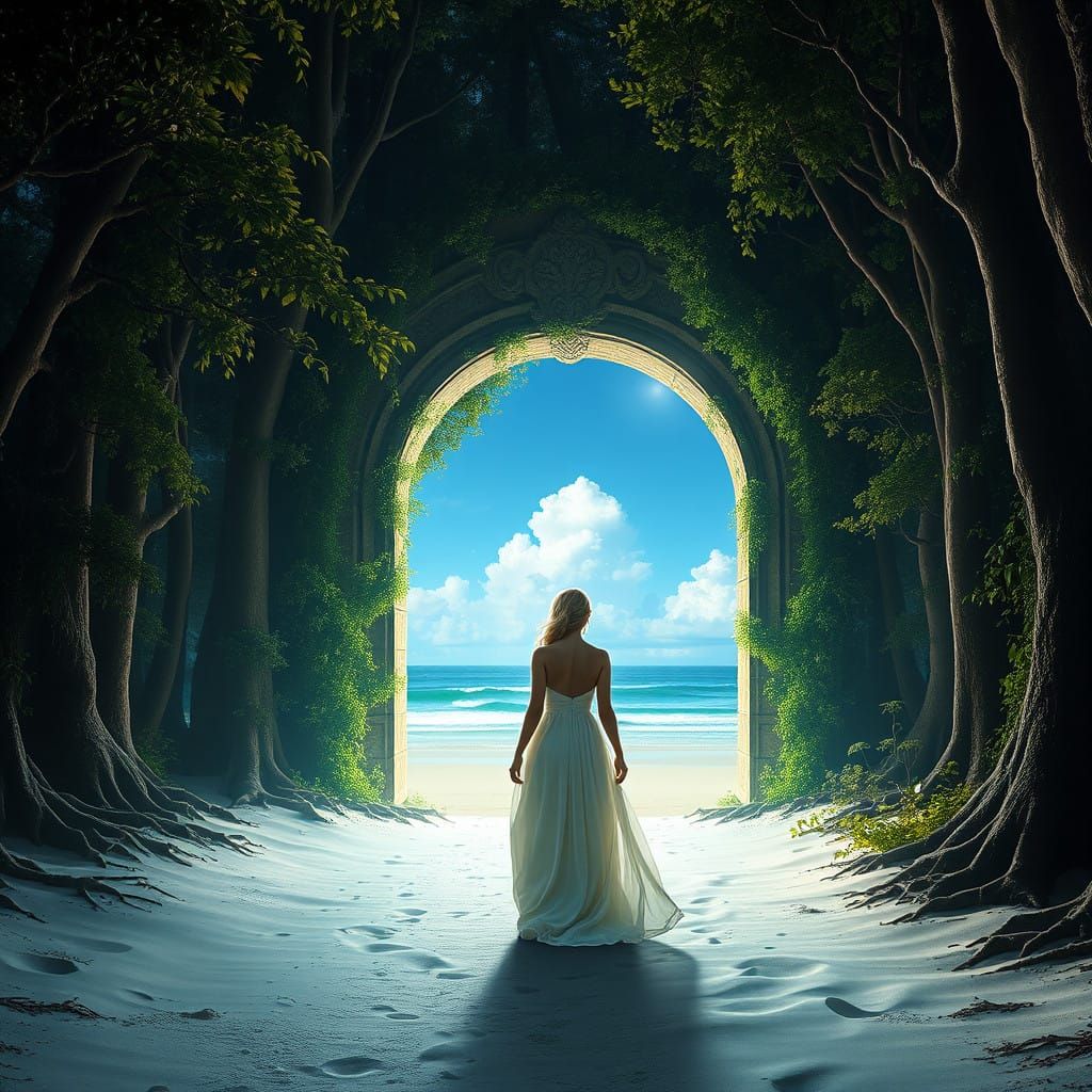 Moonlit Mystical Forest Path at Night with Ethereal Archway