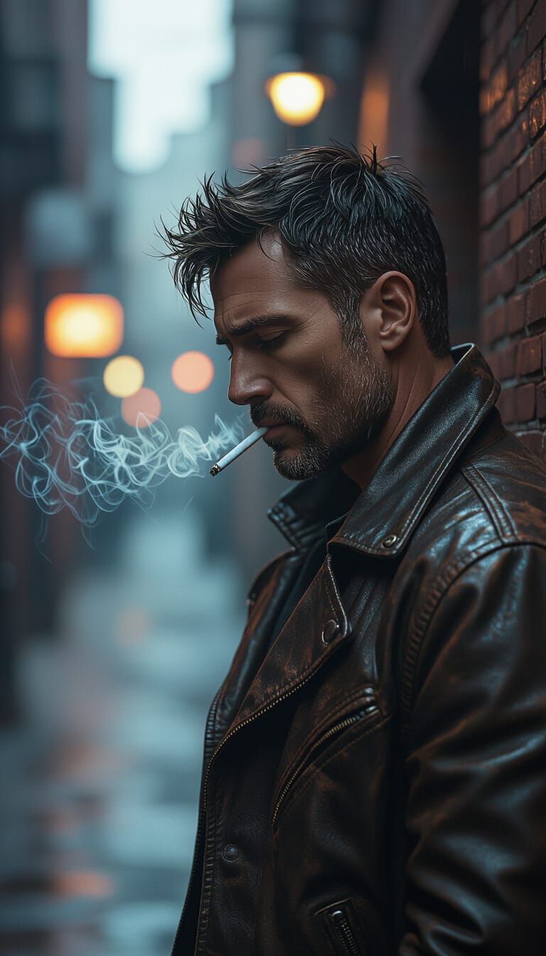 Man Smoking in Dim Alley in Cinematic Style