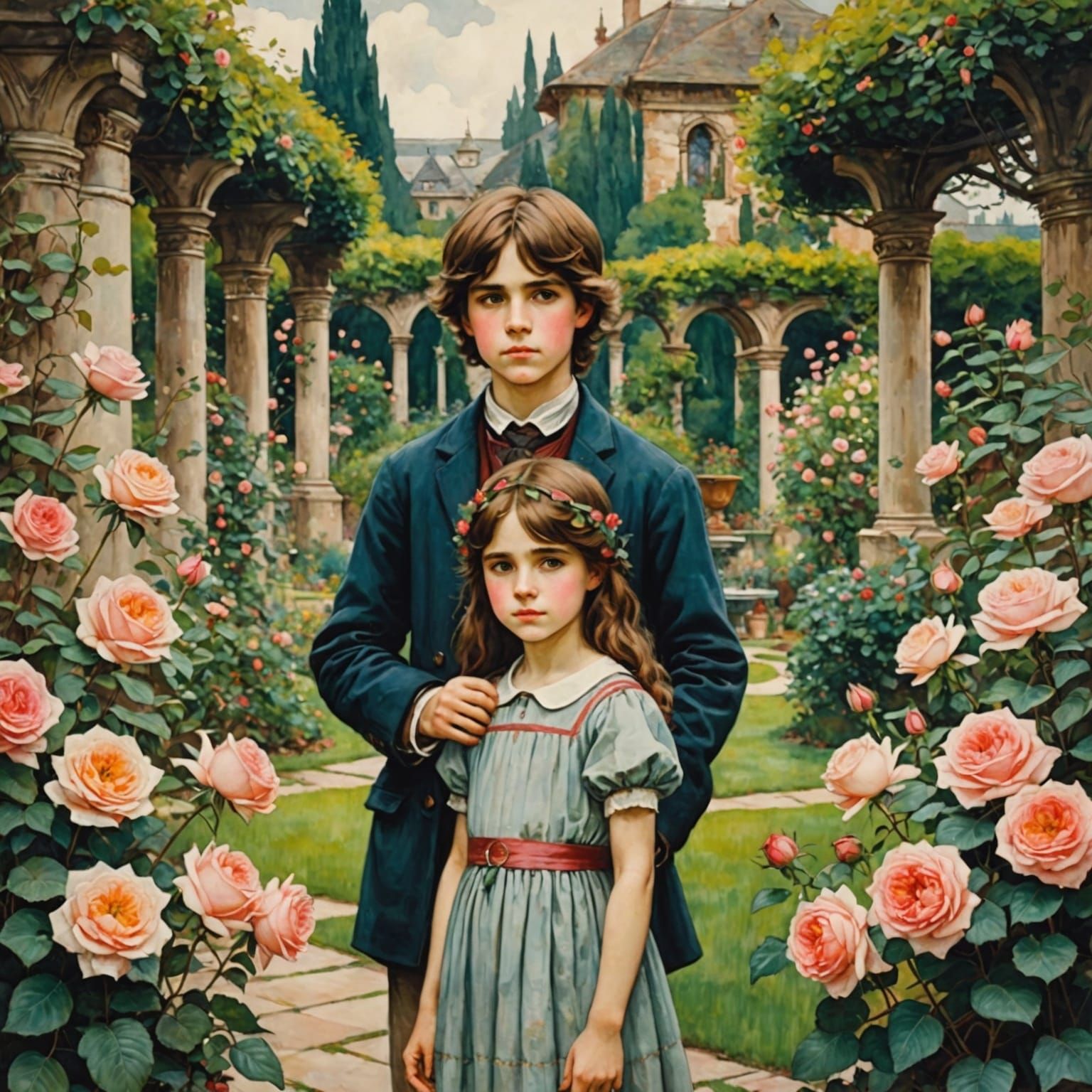 Children in Rose Garden, Watercolor Style