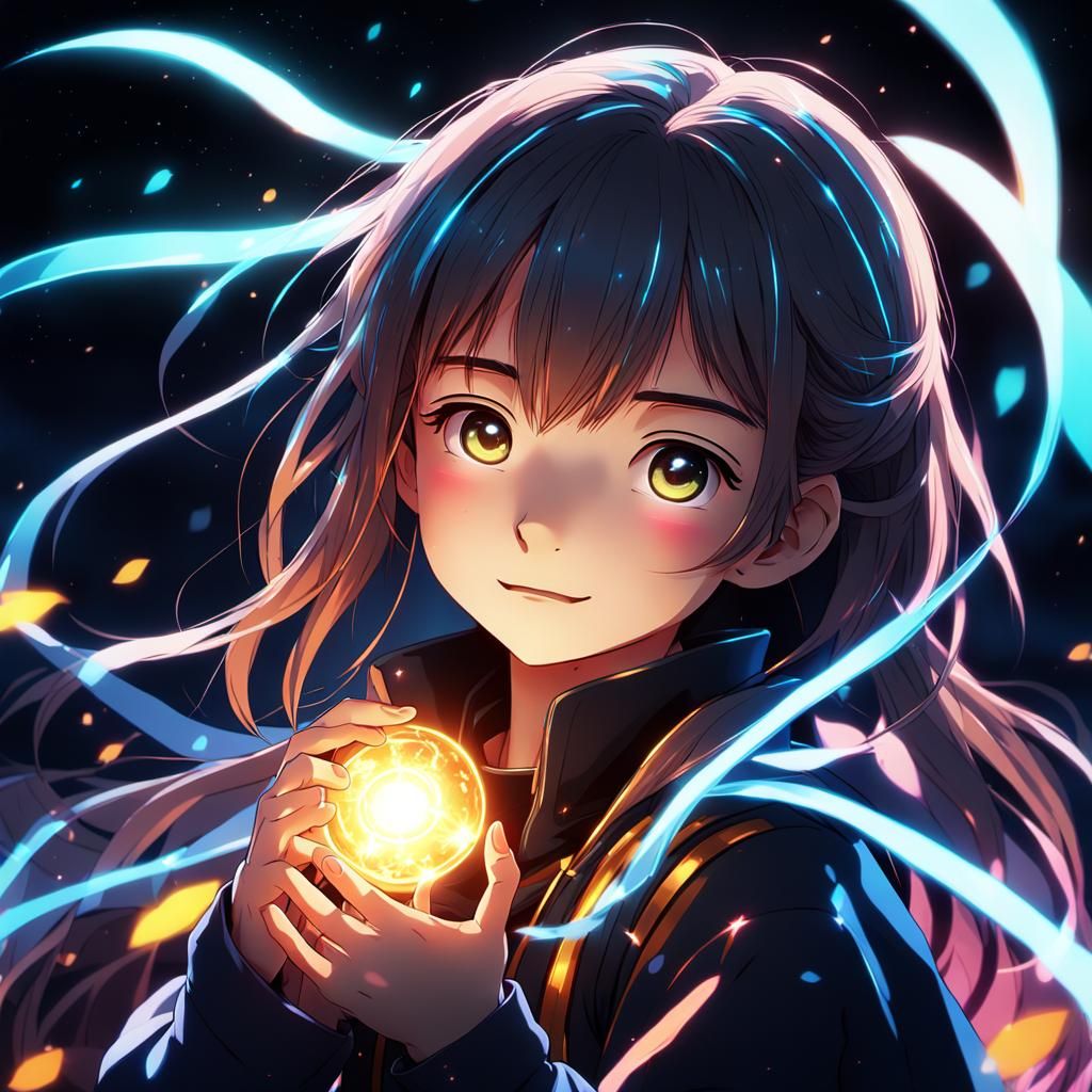 Anime Girl Holding Glowing Light in Darkness