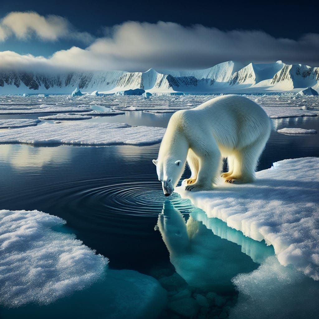 Polar Bear Touches Arctic Meltwater: Climate Change