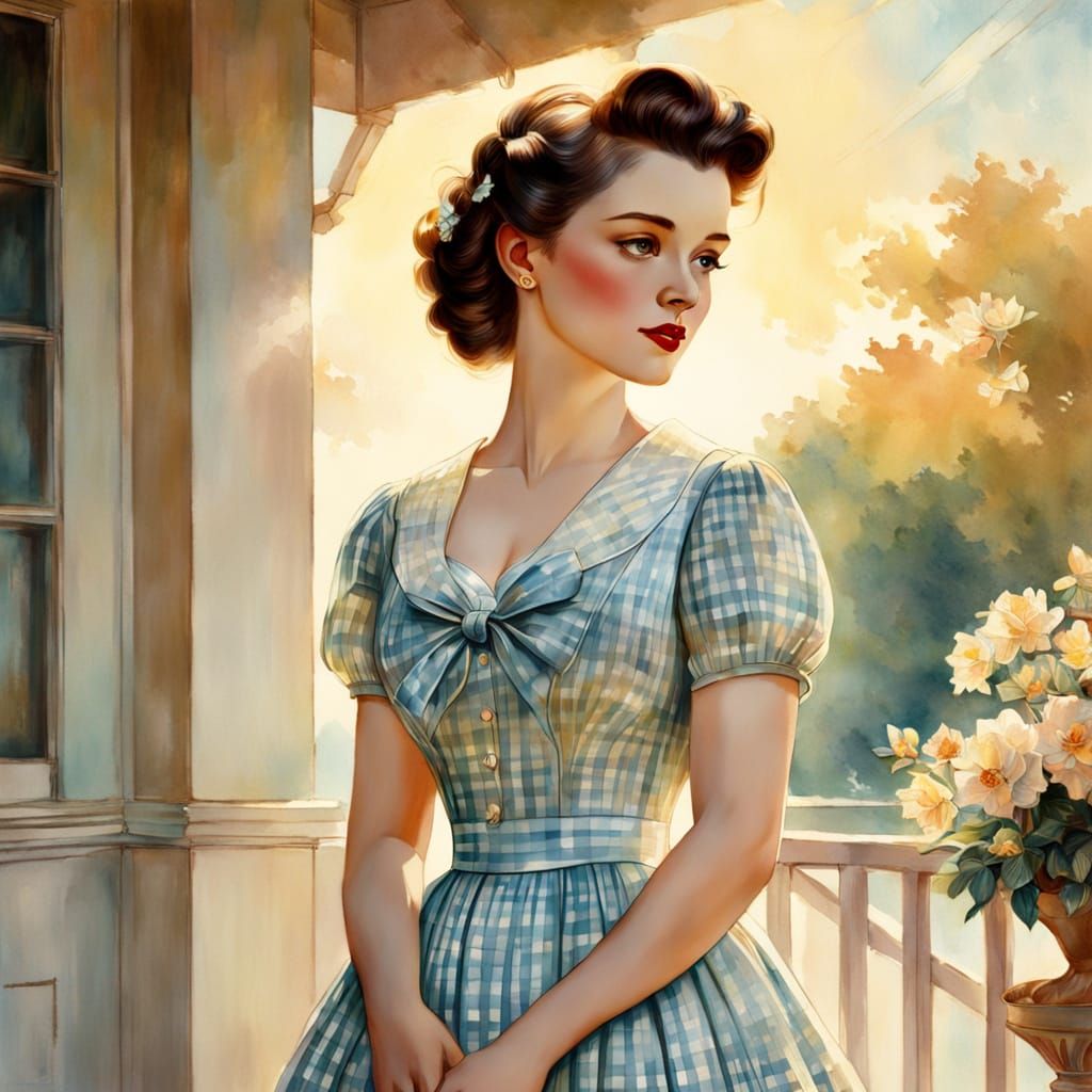 Retro Watercolor Lady in Elegant Gingham Print
