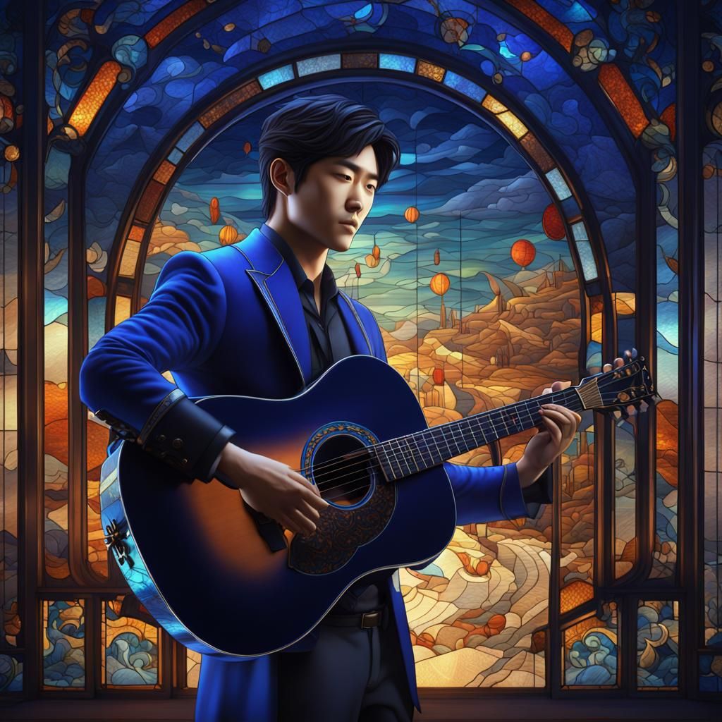 Stained Glass: Asian Actor with Guitar in Bedroom