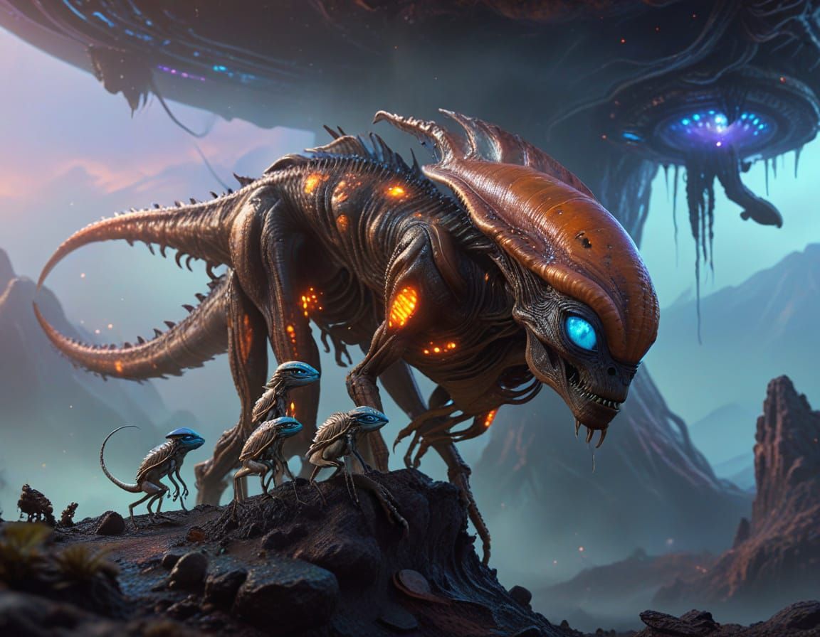 Alien Family on Home Planet in Vibrant Digital Art