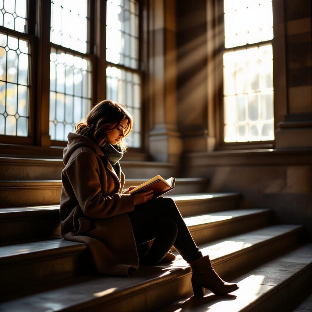 Contemplative Figure in Old Library Sunlight