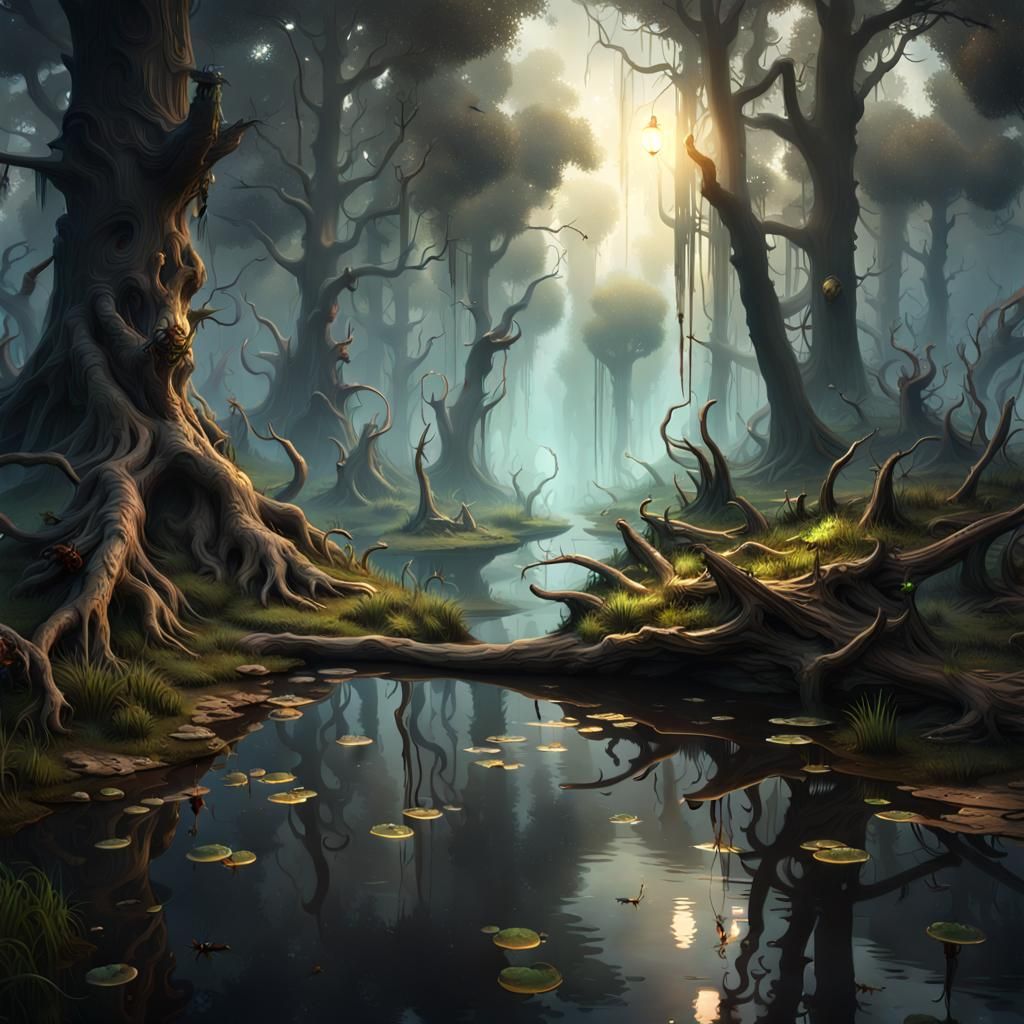 Eerie Swamp Interior in Dark Fantasy Style