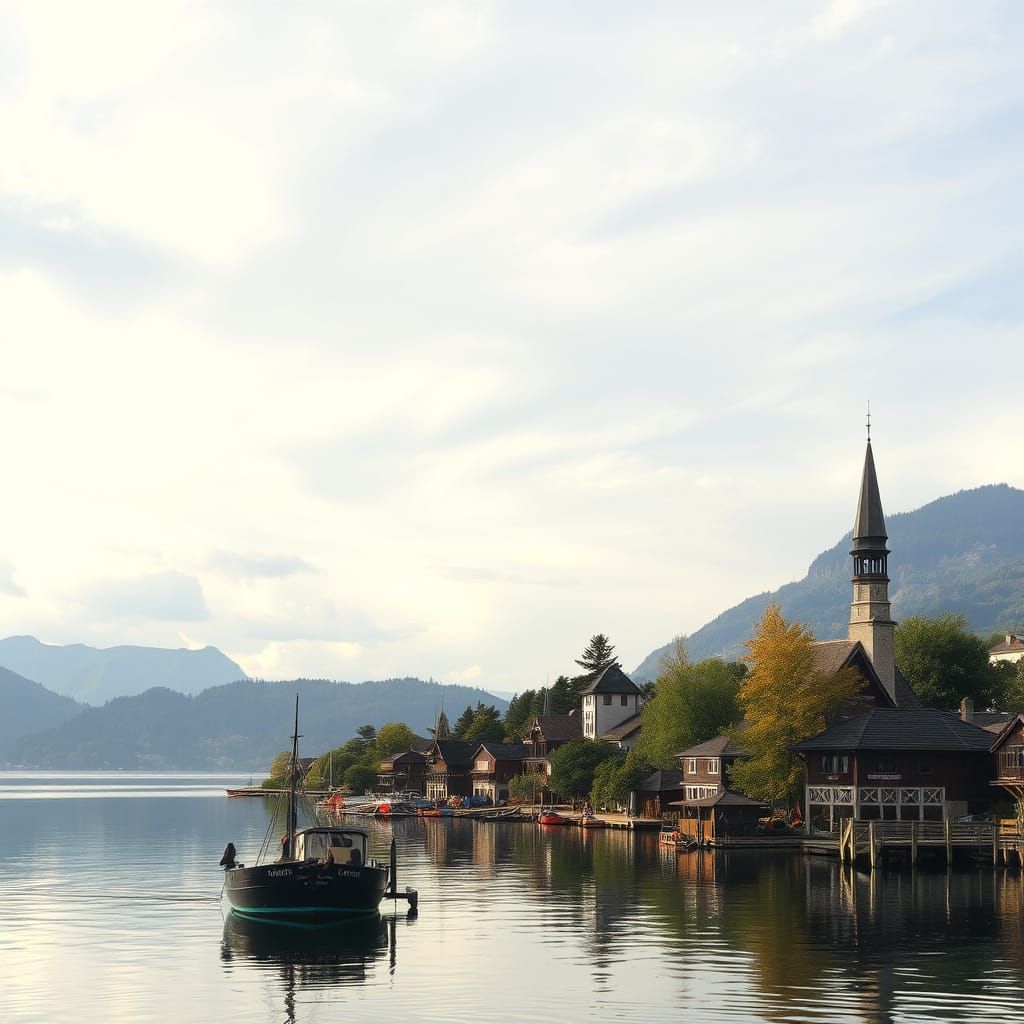 Picturesque Village on a Calm Lake