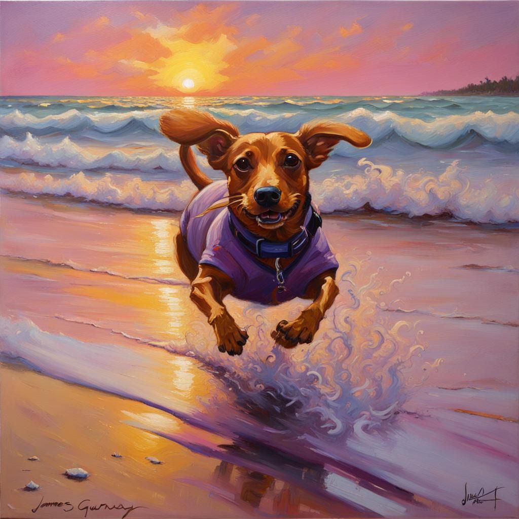 Dachshund's Sunset Run: An Oil Painting