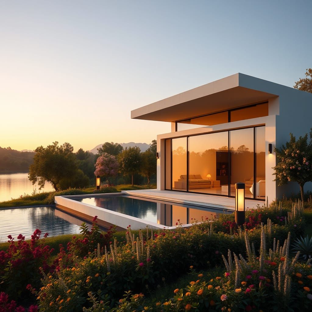 Modern Villa Amidst Vibrant Garden and Serene Lake in Warm G...