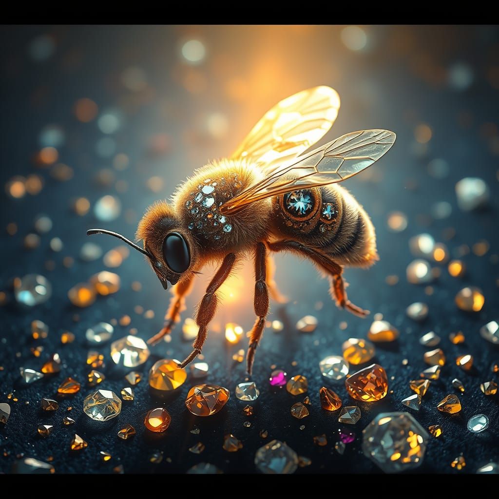 Surreal Gemstone Bee in Golden Halo Amidst Precious Stones