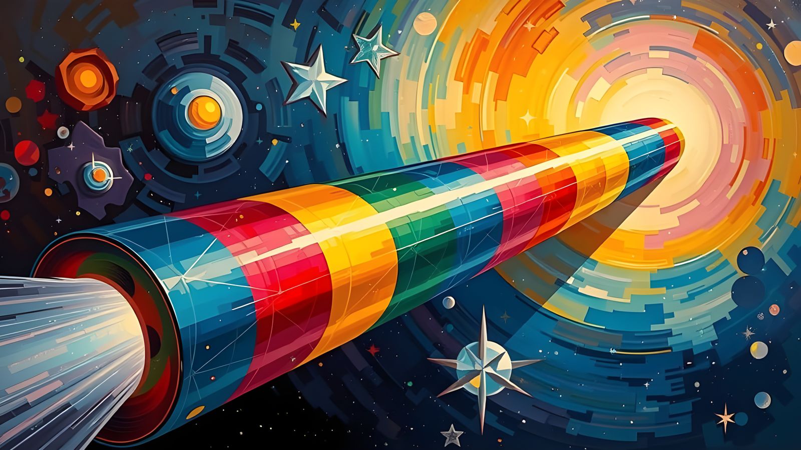 Iridescent Cylinder Soaring Through a Colorful Cosmos