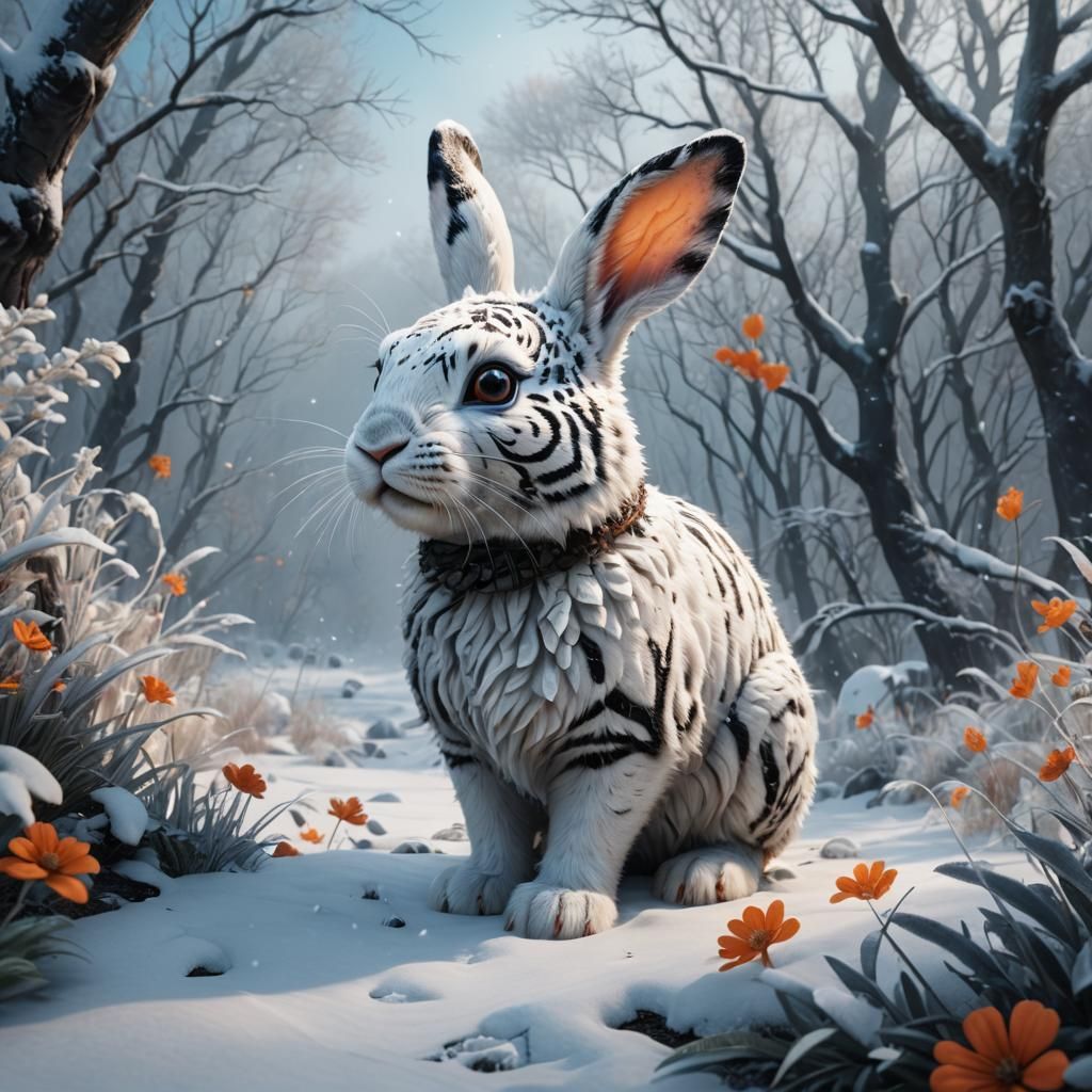 Striped Bunny in Snowy Landscape, Digital Painting