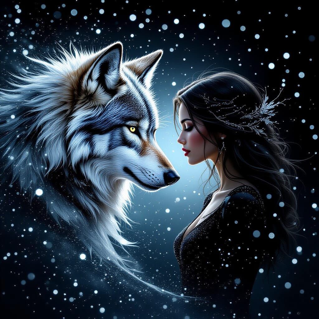 Silver Dust Wolf and Woman in Futuristic Style