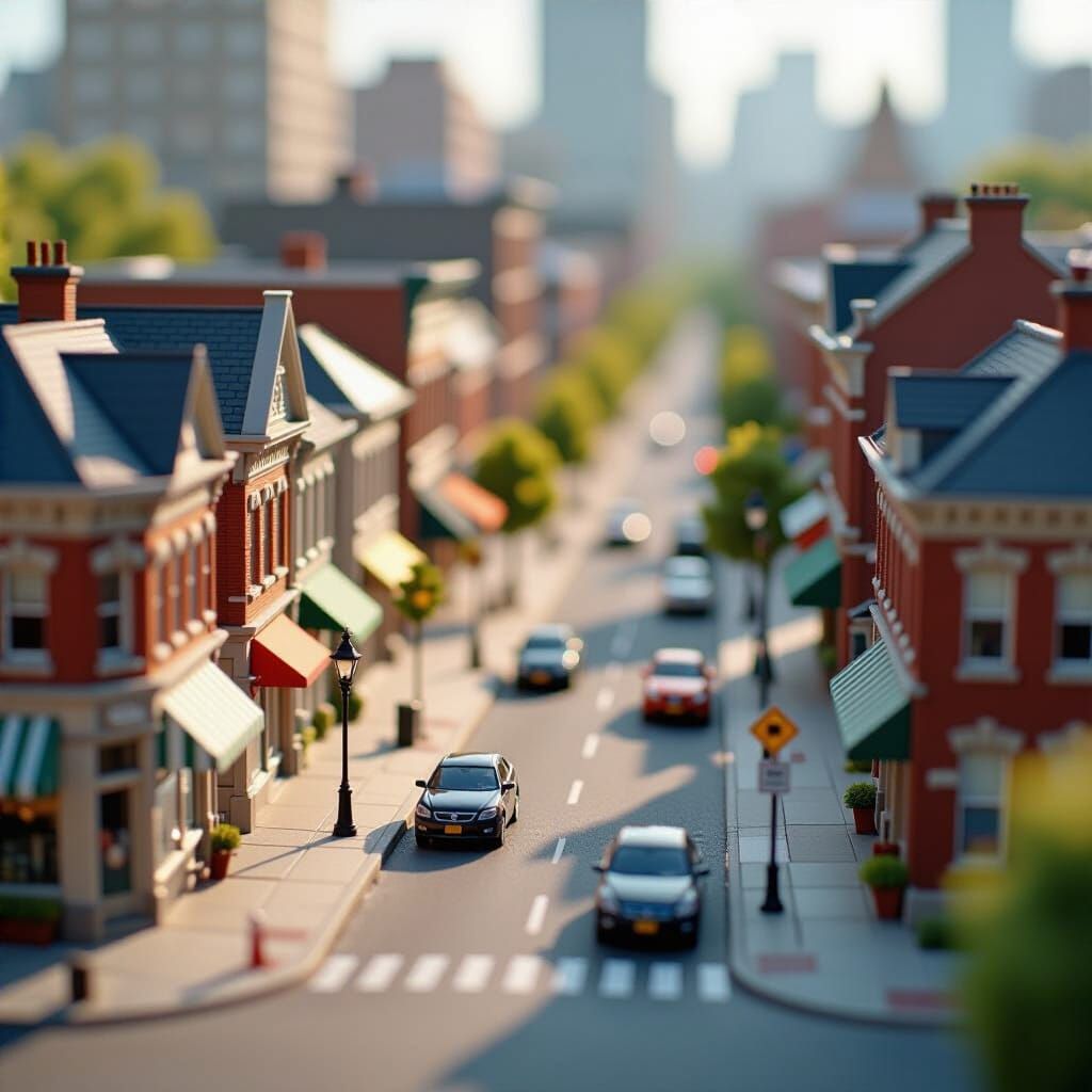 Miniature City Street Scene in Toy-Like Macro Photography St...