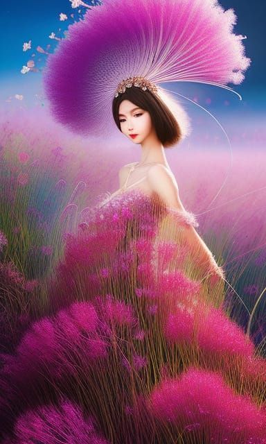 Woman in Floral Mycelium Network, Dynamic Gouache Painting