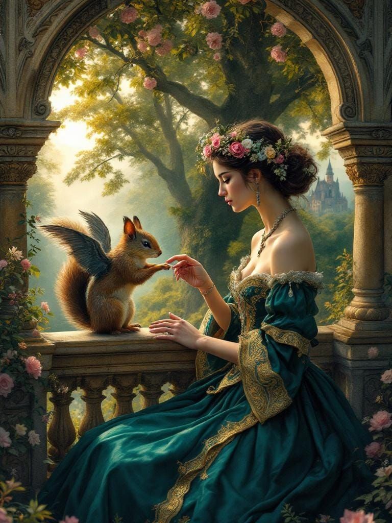 Woman and Winged Squirrel in Fairytale Realism