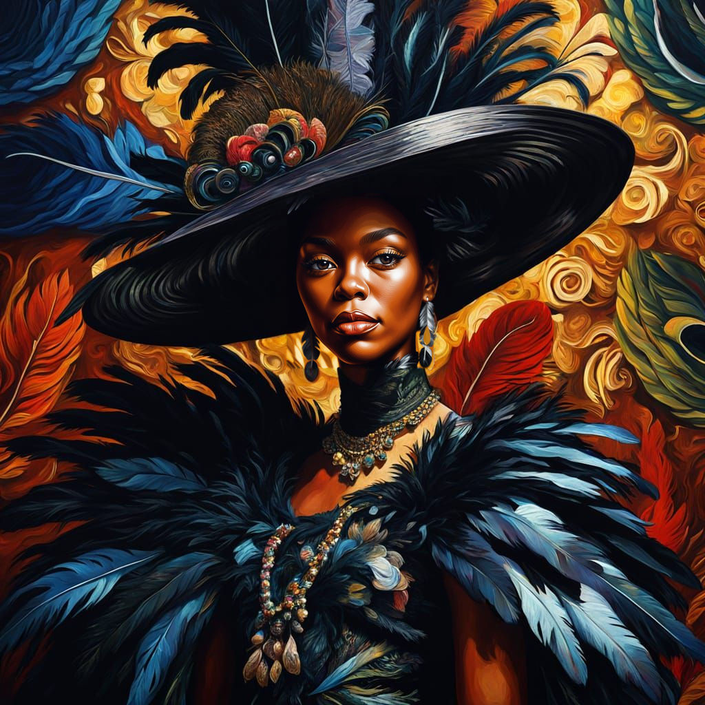 Elegant Black Woman in Textured Feathered Regalia