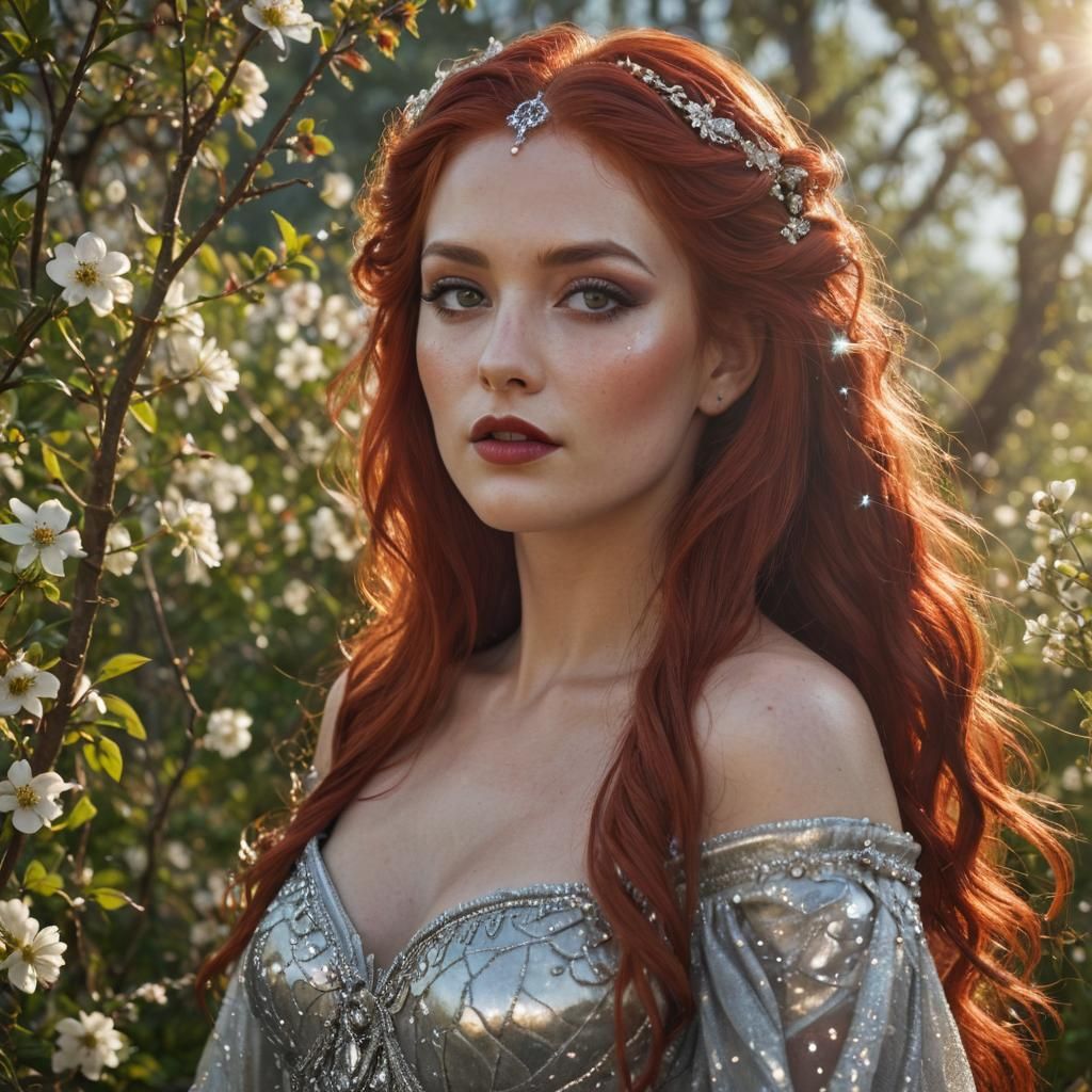 Goddess with Flowing Red Hair in Sunny Meadow