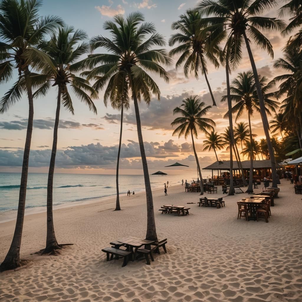 A beautiful wide-angle shot of a tropical beach at sunset. Palm-trees line the beach, and a beachside bar is visible in ...