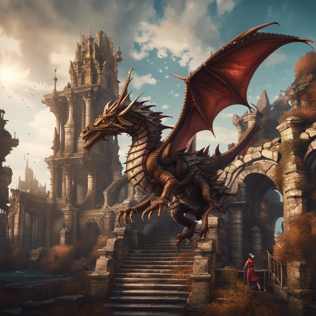 Steampunk Dragon on Ancient Ruins: Fantasy Art