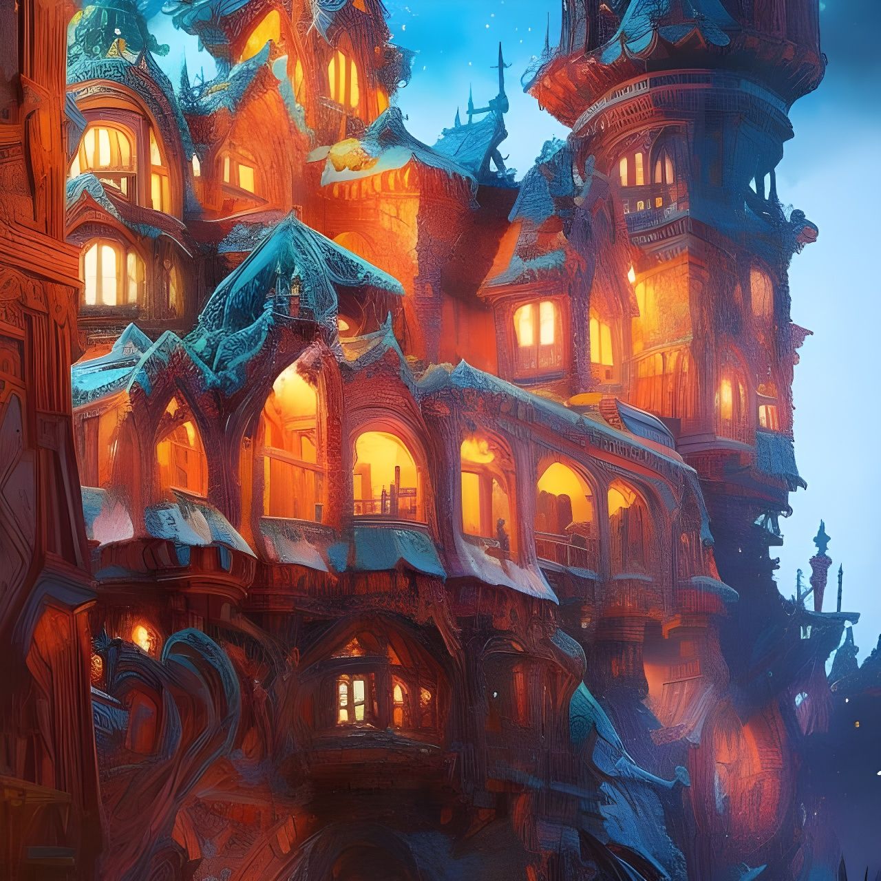 Intricate Gingerbread Castle Gouache Illustration