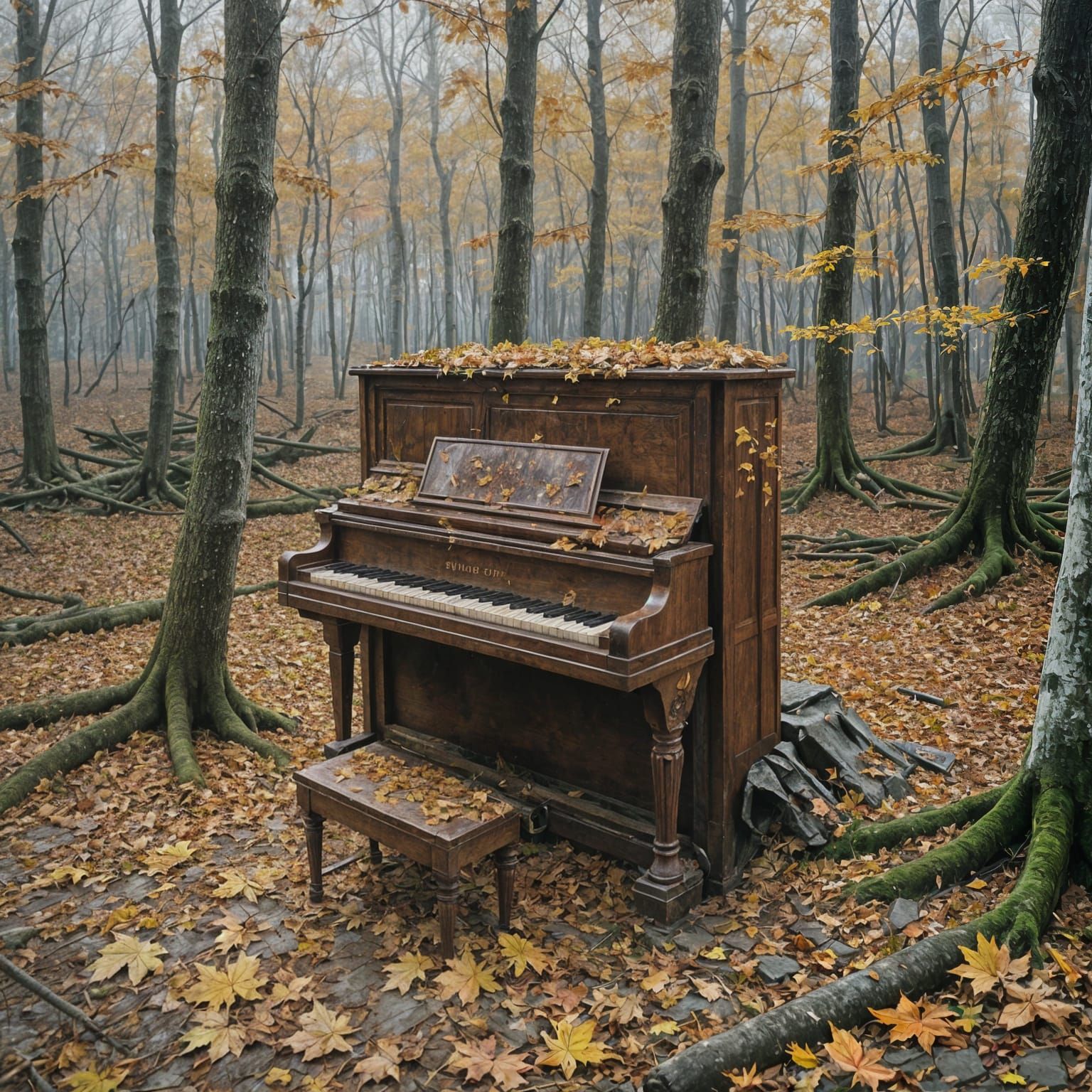 Autumn Piano Abandoned in Misty Forest
