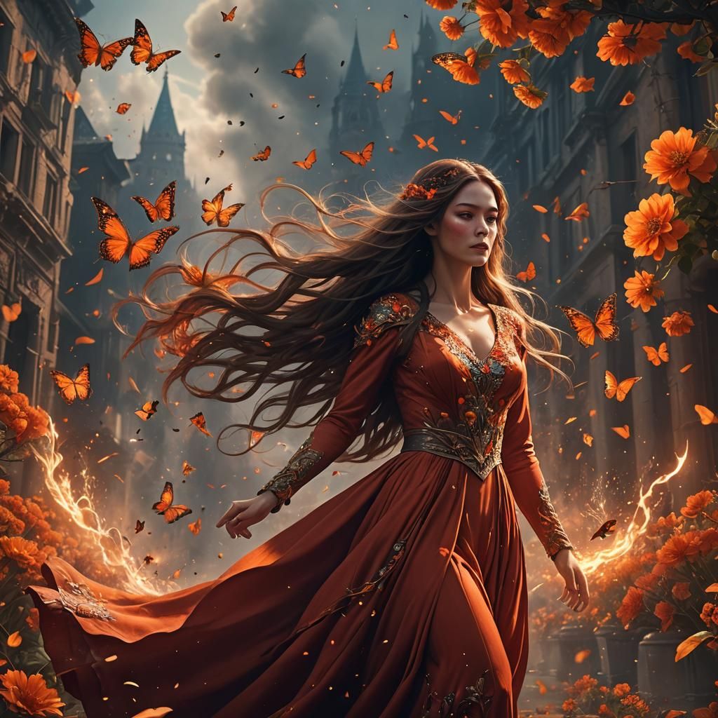 Strong Woman in Red Dress with Flames
