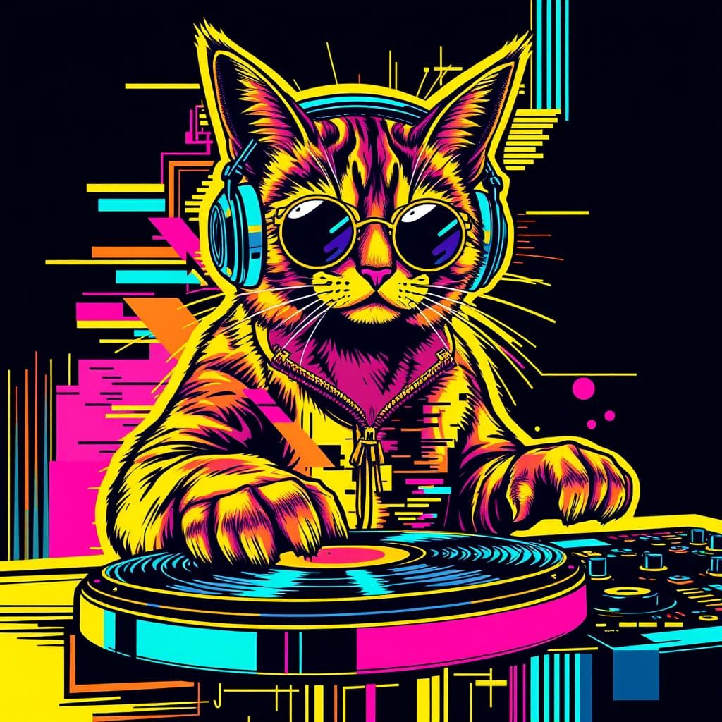 Cool Cat DJ in Psychedelic Glitch Art Style