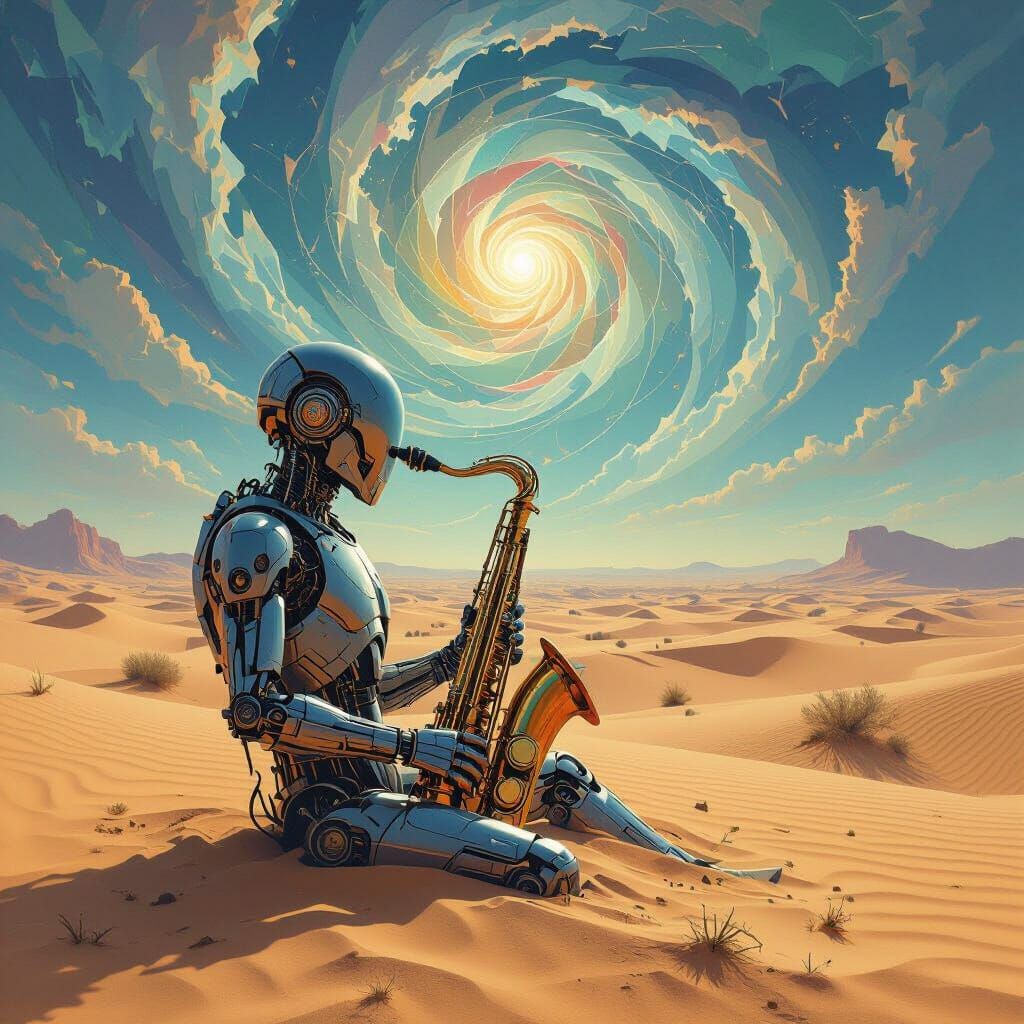 Android Saxophonist in Alien Desert Landscape