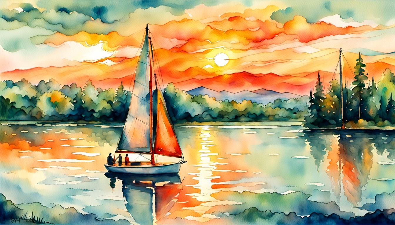 Sailboat on Lake at Sunset in Watercolor Style