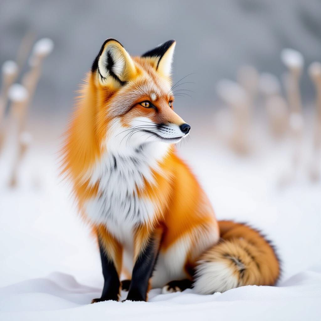 Majestic Red Fox in Snowy Landscape, Delicate Art Style