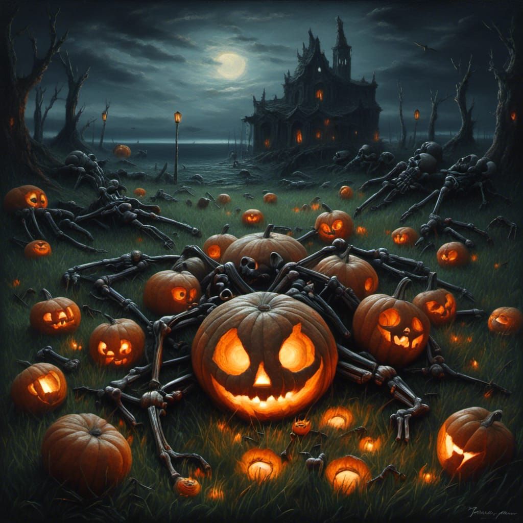 Jack-o-Lantern with Skulls: Romantic Oil Painting