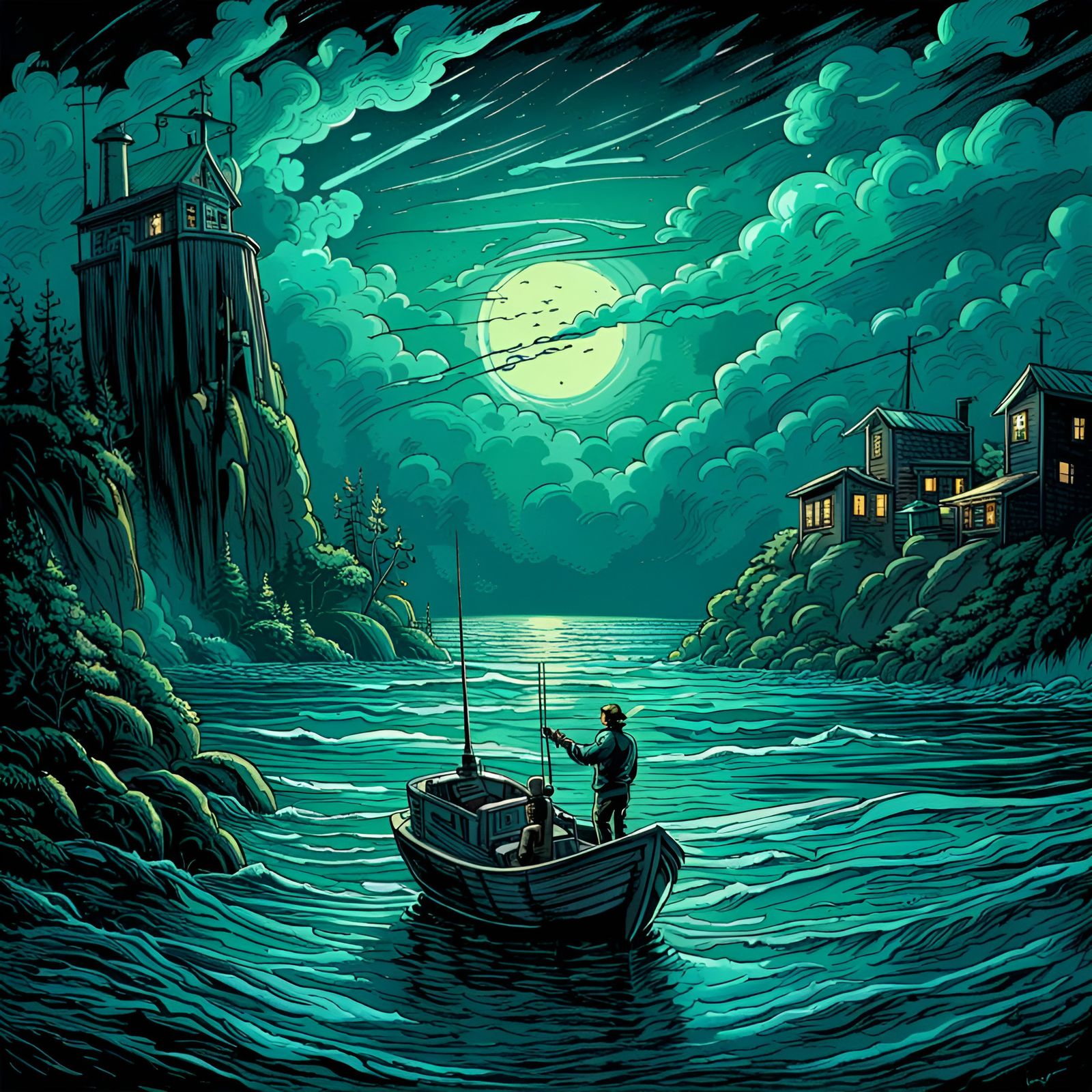 Fisherman on Trawler in Stormy Night, Comic Style