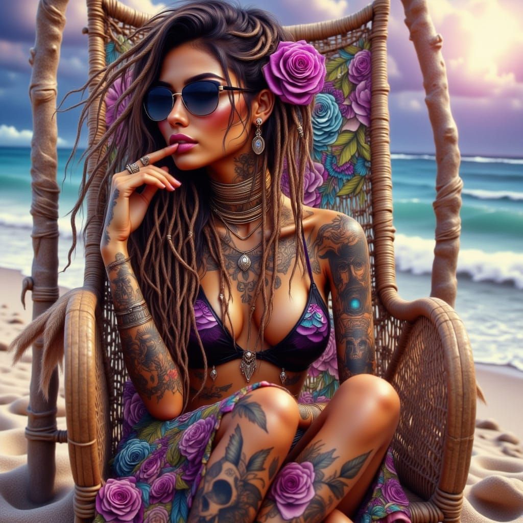 Woman with Full Body Tattoos Relaxing on Beach Chair