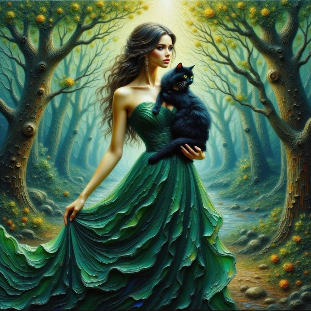 Lady With Black Cat in Forest, Impressionist Watercolor