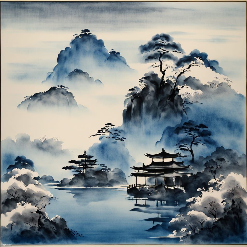 Serene Japanese Temple in Ethereal Ink Wash