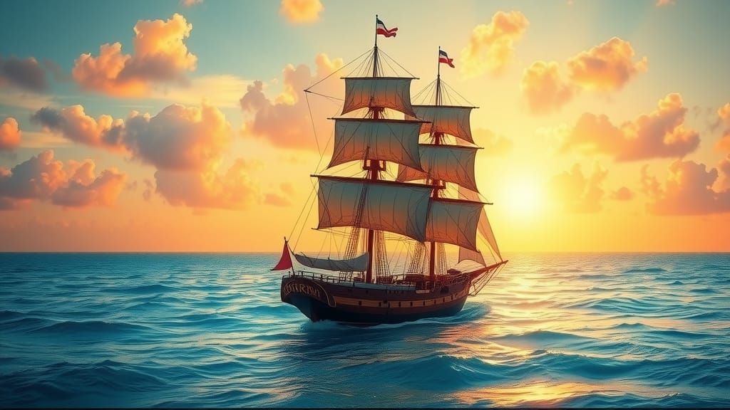 Colonial Ship Sails Caribbean Sea at Sunset