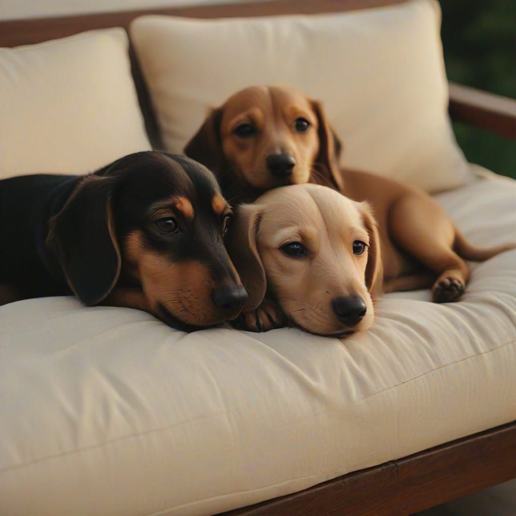 Adorable Dachshund Puppies Sleeping in Golden Hour Light