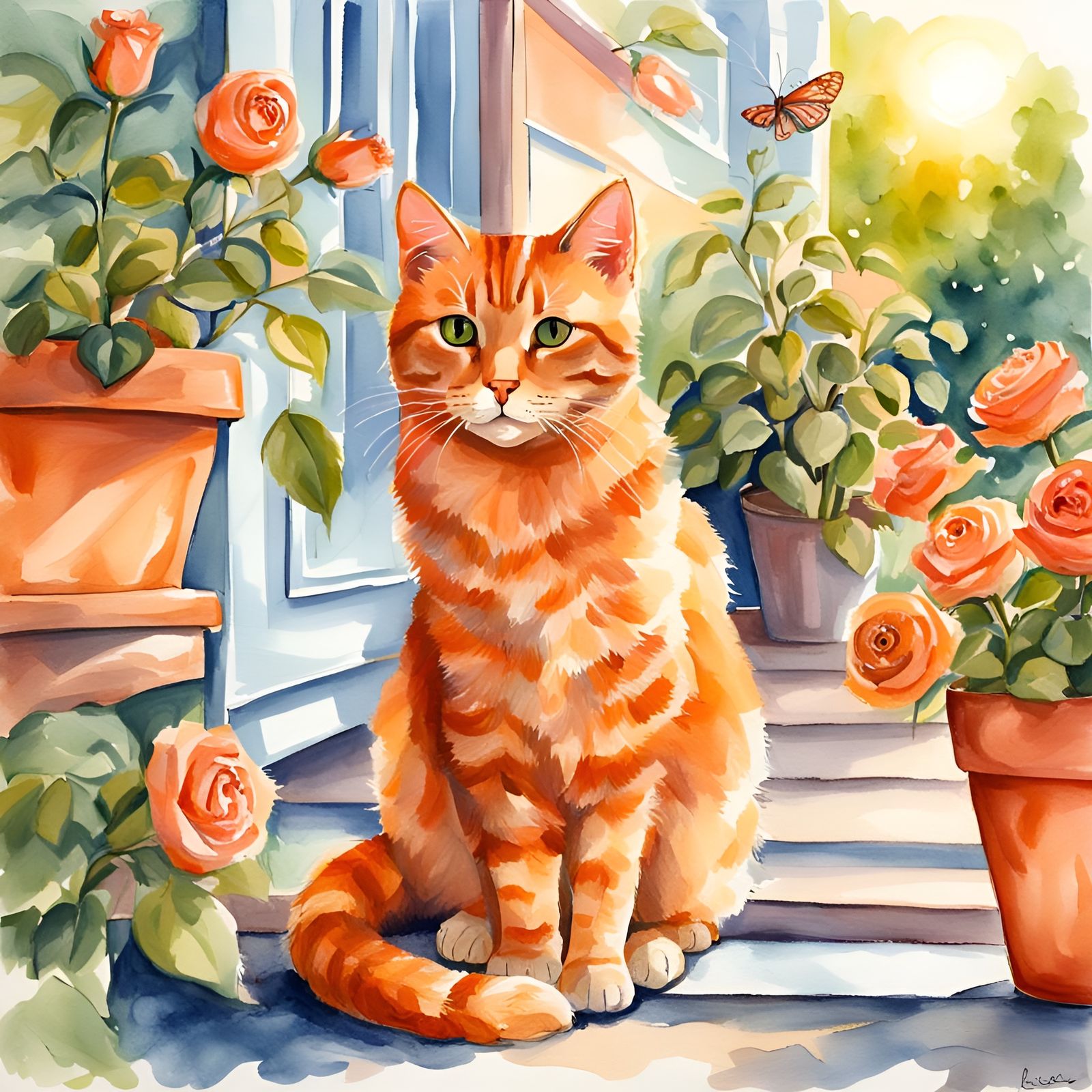 Orange Cat with Cupcake: Watercolor Morning Scene