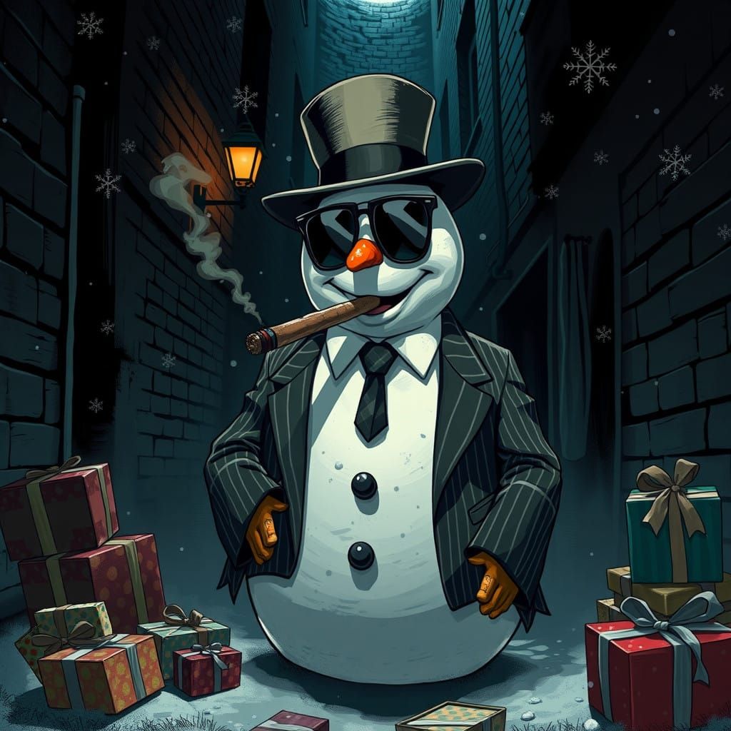 Snowman Gangster Steals Gifts in Dark Alley