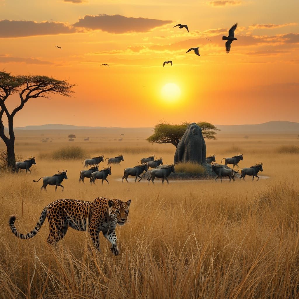 Jaguar Prowls Savanna at Dusk in Photorealistic Style