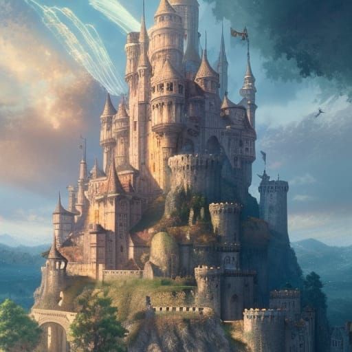 Medieval Castle with Waterfall, Digital Illustration