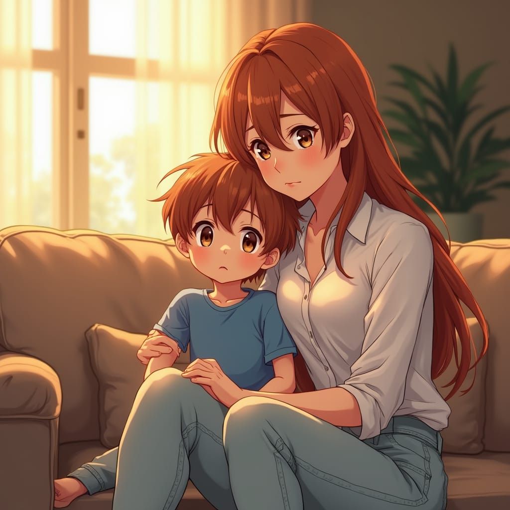 Serene Anime Mother in Cozy Home