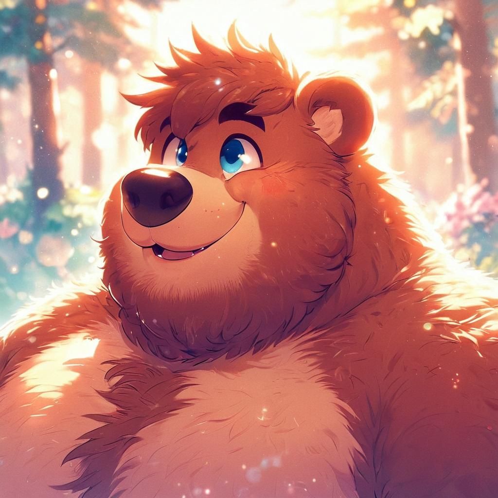 Smiling Bear in Sunlit Forest: Pastel Anime Style