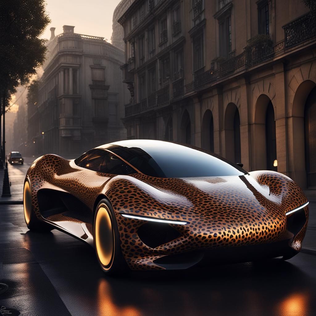 Futuristic Leopard Car on Dark Streets