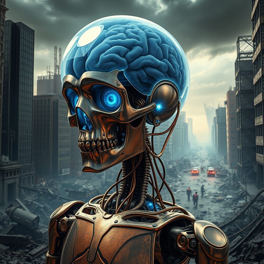 Metallic Robot Contemplates Ruined Metropolis in Sci-Fi Noir...