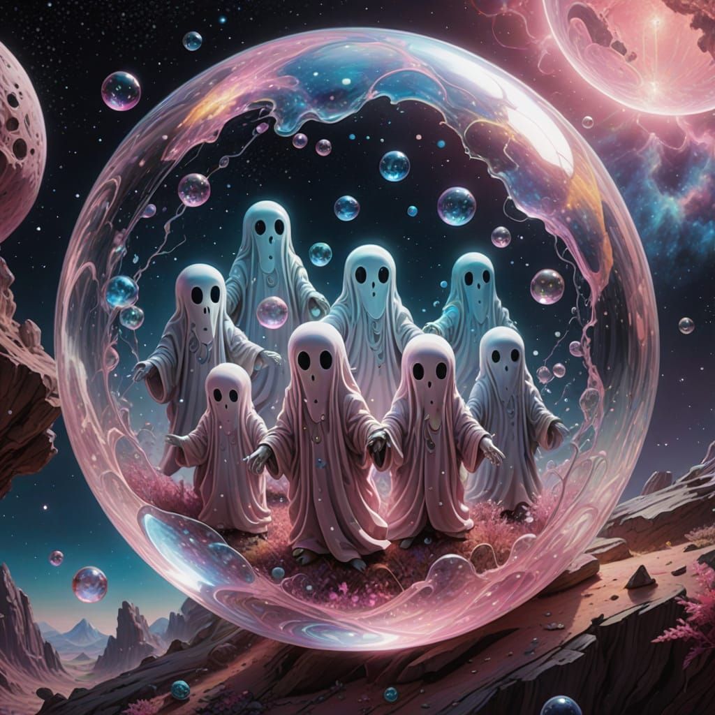 Ethereal Cosmic Ghosts in Vibrant Holographic Art