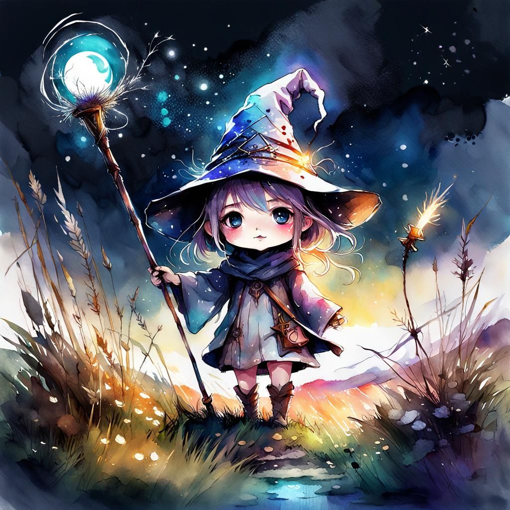 Cute Chibi Wizard Girl in a Sci-Fi Meadow