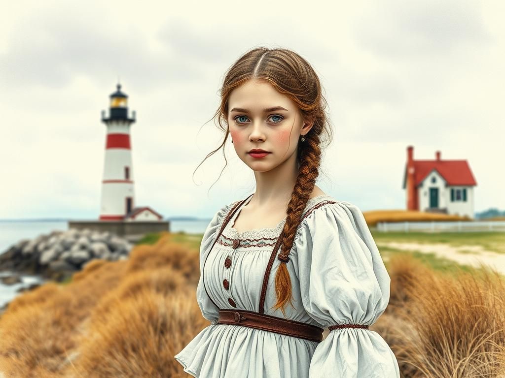 Colonial Girl at Lighthouse: Watercolor and Ink